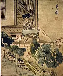 Une femme au jardin de lotus (Gisaeng tenant un saenghwang et une pipe). Encre, couleur légère s. soie, H. 29,6 cm. Shin Yun-bok (v.1758-ap.1813). Scène de genre: femmes. 3 feuilles d'un album de 7. Musée national de Corée.