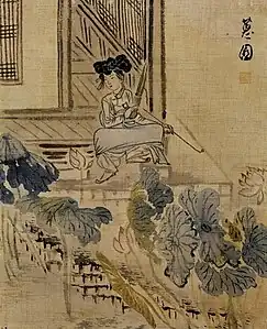Une femme au jardin de lotus (Gisaeng tenant un saenghwang et une pipe). Encre, couleur légère s. soie, H. 29,6 cm. Sin Yun-bok (v.1758-ap.1813). Femmes: 3 feuilles d'un album de 7. Musée national de Corée