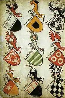 L'armorial d'Hyghalmen (en) allemand, fin du XVe siècle, montre un casque à corne sur les armoiries de Dalheim (rangée inférieure).