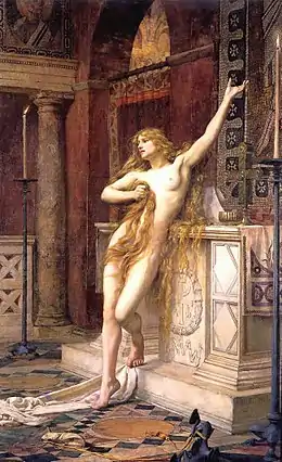 Tableau représentant une femme nue devant un autel.