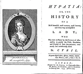 Page de titre d'un roman, avec à gauche un portrait de femme dans un médaillon.