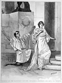 Gravure d'une scène théâtrale, avec un jeune homme à genoux les bras levés devant une femme debout.