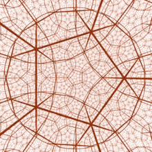 réseau en perspective de tubes courbés rouge sombre sur fond beige.
