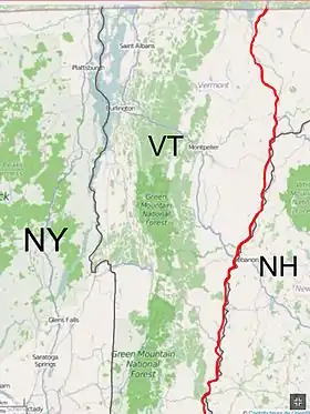 Le tracé de l'Interstate 91 en rouge dans les États du Nord de la Nouvelle-Angleterre