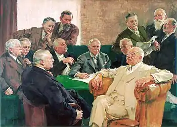 Au centre et à l'avant de l'image, deux hommes assis semblent se défier. Ils sont entourés d'autres hommes, certains assis, d'autres debout.