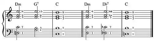 II-V-I sans puis avec substitution tritonique. On a un effet de chromatisme de la basse (ré, ré , do).