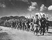 Photographie d'une colonne d'hommes en uniformes et en armes marchant dans la campagne