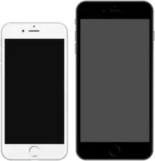 deux smartphones l'un à côté de l'autre, celui de droite est noir et celui de gauche est blanc, marquant la différence entre iPhone 6 à gauche et iPhone 6 Plus à droite