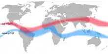 planisphère avec une ligne ondulée rouge au-dessus de l'équateur et autre bleue au-dessous