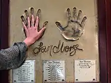 plateau mural avec les empreintes de mains de Thorpe, sous lesquelles figurent des plaquettes avec son palmarès.