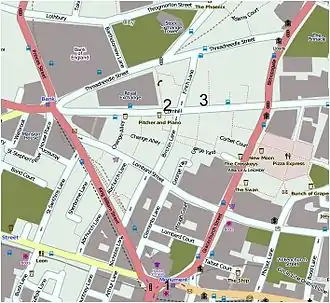 Carte en couleur montrant le tracé des rues d'une partie de Londres.