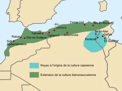 Carte du Magheb qui montre l'aire de d'origine de la culture caspienne sur les rives de la Méditerranée à travers les pays actuels Maroc, Algérie et Tunisie.