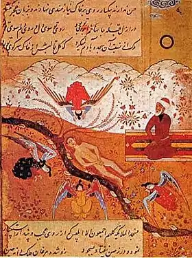 Représentation des anges se prosternant devant Adam avec Iblis refusant, ici représenté avec un turban.