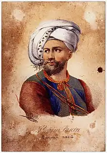 gravure noir et blanc : portrait d'un homme barbu avec un turban