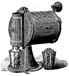 Gravure d'un objet de forme cylindrique avec une manivelle à l'arrière et un tube à l'avant sous lequel un verre se remplit de petits glaçons.