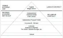 A diagram of a triangle representing the economy in patriarchal capitalist societies. The triangle mimics the shape of an iceberg, whereby the visible tip consists of paid wage labour and the hidden underside consists of informal sector, child labour, subsistence peasants' work, women's unpaid labour in the home, colonies and nature.