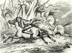 Illustration d'ouvrage noire et blanche. Deux cavaliers au galop dans une course effrénée.