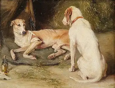 peinture représentant deux chiens : un blanc, de dos, assis, regarde le deuxième, brun clair, allongé sur le côté, la tête tournée vers le spectateur