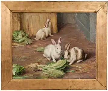 peinture représentant trois lapins (deux de face, un de dos) mangeant de la salade