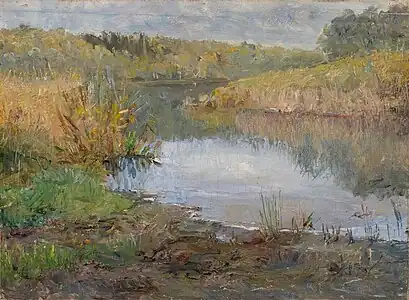 peinture d'une rivière calme, dont les abords sont recouverts d'herbe ; une touffe de roseaux ou de végétation plus haute ponctue le tableau