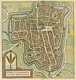 Ypres vers 1581-1588, avec son système de fortifications médiévales à doubles douves en eau, qui ressemblait quelque peu à celui de Bruges.