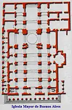 Plan de la cathédrale. La grande chapelle débordant du côté droit de la nef héberge le tombeau et le mausolée de San Martin.