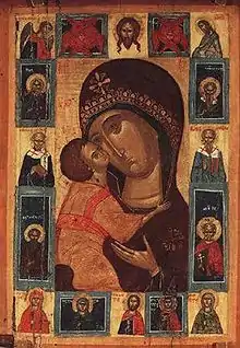 Icône Igorevskaïa avec des images de Saints sur le côté. Musée russe.