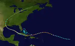 Trajectoire de l'ouragan Ike. Il est ensuite devenu une dépression extratropicale et s'est dirigé vers le nord-est.
