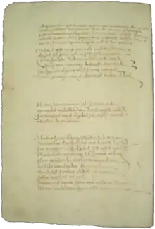 Photographie présentant une page d'un recueil notarial manuscrit composé en trois paragraphes bien distincts.