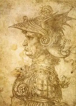 Profil de Condottiere, coiffé d'un casque à l'antique par Léonard de Vinci, 1472.