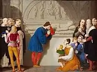 Ludovico pleure sur la tombe de sa femme Béatrice, Giovanni Battista Gigola, 1815 ca. Les frères de S. Maria delle Grazie sont présents à gauche, à droite les deux orphelins Ercole Massimiliano et Francesco avec leurs infirmières respectives, ainsi que Bramante et Leonardo.