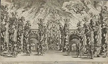 Scène pour les Enfers grecs de l'opéra d'Antonio Cesti Il pomo d'oro, 1668.