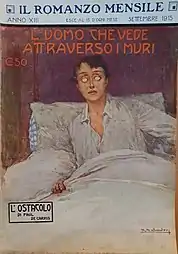Couverture d'un roman titré « L'uomo che vede attraverso i muri » sur laquelle est représenté un homme aux yeux entièrement blancs.
