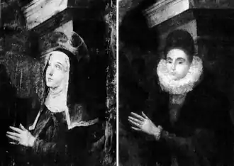 Deux portraits, à gauche une femme en voile religieux, à droite une femme en costume de la renaissance