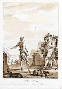 Un Hottentot vêtu d'un pagne indique un bateau à un groupe de bourgeois hollandais qui semblent vouloir le retenir.