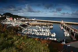 photo du bassin d'un port de plaisance rempli de bateaux à voile.