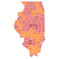 Vainqueur républicain par comté : Rauner en rouge et Ives en orange.