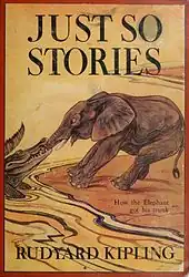 L'illustration représente un éléphant essayant de dégager sa trompe violemment mordu par un crocodile. Elle est dans les tons brun et jaune. Le titre et l'auteur sont mentionnés.