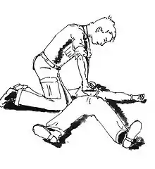 Position pour la CPR Les bras sont maintenus tendus, les compressions viennent du mouvement des épaules.