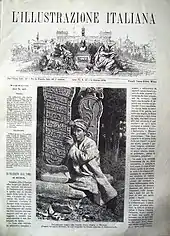 Première page d'un numéro de 1879 en noir et blanc. En haut, le nom du magazine. Deux colonnes de textes avec au milieu une gravure représentant un homme agenouillé, portant un foulard en turban et une tunique. Il tient une stèle sculptée dont on ne peut pas lire les inscriptions.