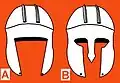 Casque de type illyrien (à gauche) juxtaposé à un casque de type corinthien (à droite).
