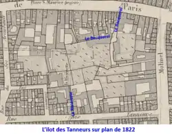 L'ilot des Tanneurs sur plan de 1822. L’église et les bâtiments du couvent ont disparu. Des jardins ou terrains non construits s'étendent à son emplacement