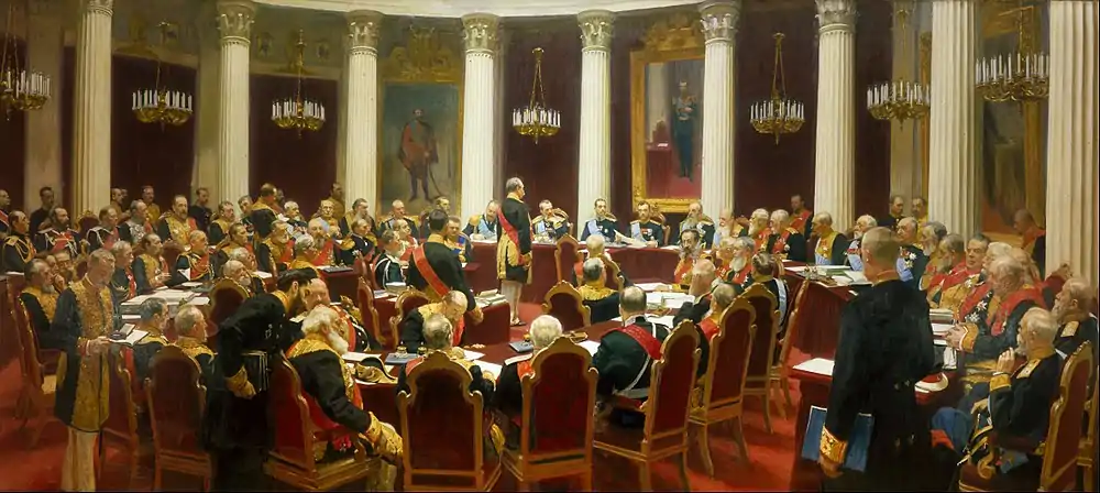 Tableau représentant une salle de conseil, avec une soixantaine de dignitaires assis dans des fauteuils.