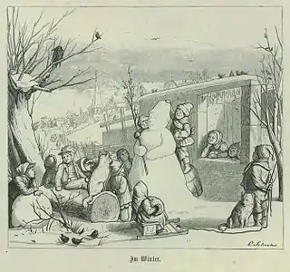 Bonhomme de neige entouré d'enfants, 1867.