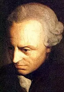 Le visage de Kant, saisi de profil, légèrement penché vers l'avant, haut et large front, yeux plongés dans la pensée et lèvres en forme de moue accompagnant cette méditation. Tout le côté droit du visage est éclairé, du menton à la perruque, l'autre se laisse deviner émergeant à peine de l'obscurité envahissant le reste du tableau.