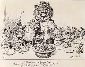 Caricature représentant des lions anthropomorphiques autour d'une table. Un lion adulte en costume semble satisfait mais des lionceaux avec des serviettes portant le nom des dominions de l'Empire sont en colère devant l'assiette de fruits secs et demandent de la viande.