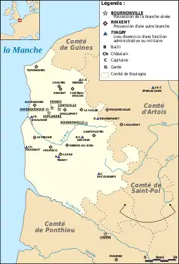 Carte montrant les possessions et lieux de fonction de la famille de Bournonville en Boulonnais.