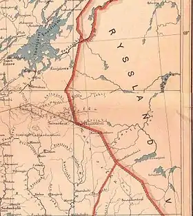 Carte de 1898 avec le lac Inari au nord-ouest et le Maanselkä au sud.