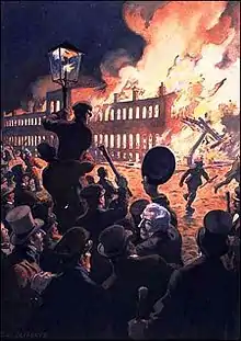 L'incendie des édifices du Parlement, à Montréal, en 1849 (Québec), tableau.