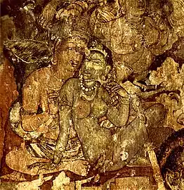 Couple princier. Ajanta, Inde, fin du Ve s., caverne 1, mur est.